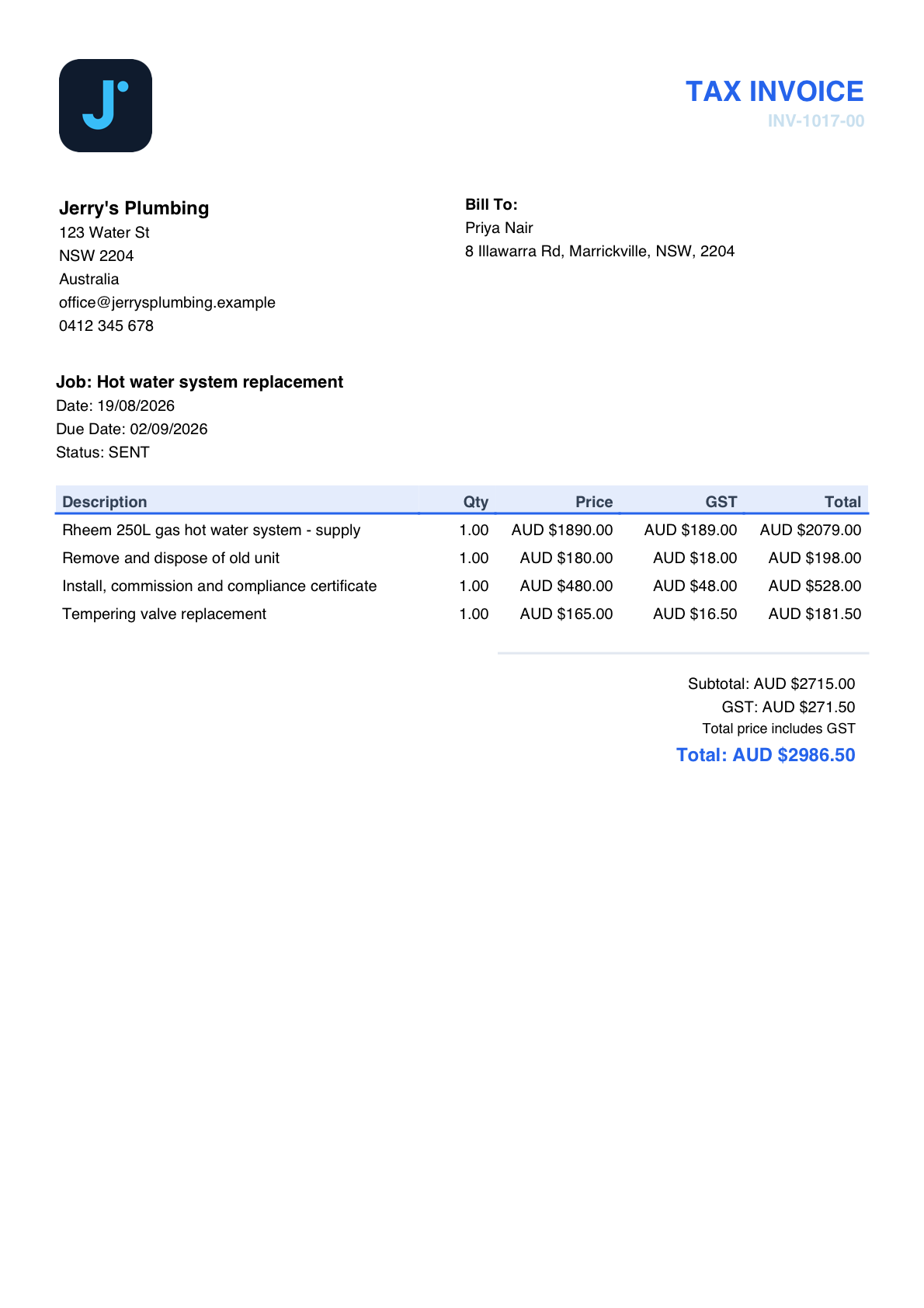 A JobNest tax invoice PDF for a demo plumbing business, carrying that business's own logo and details, with GST-inclusive line items and totals.