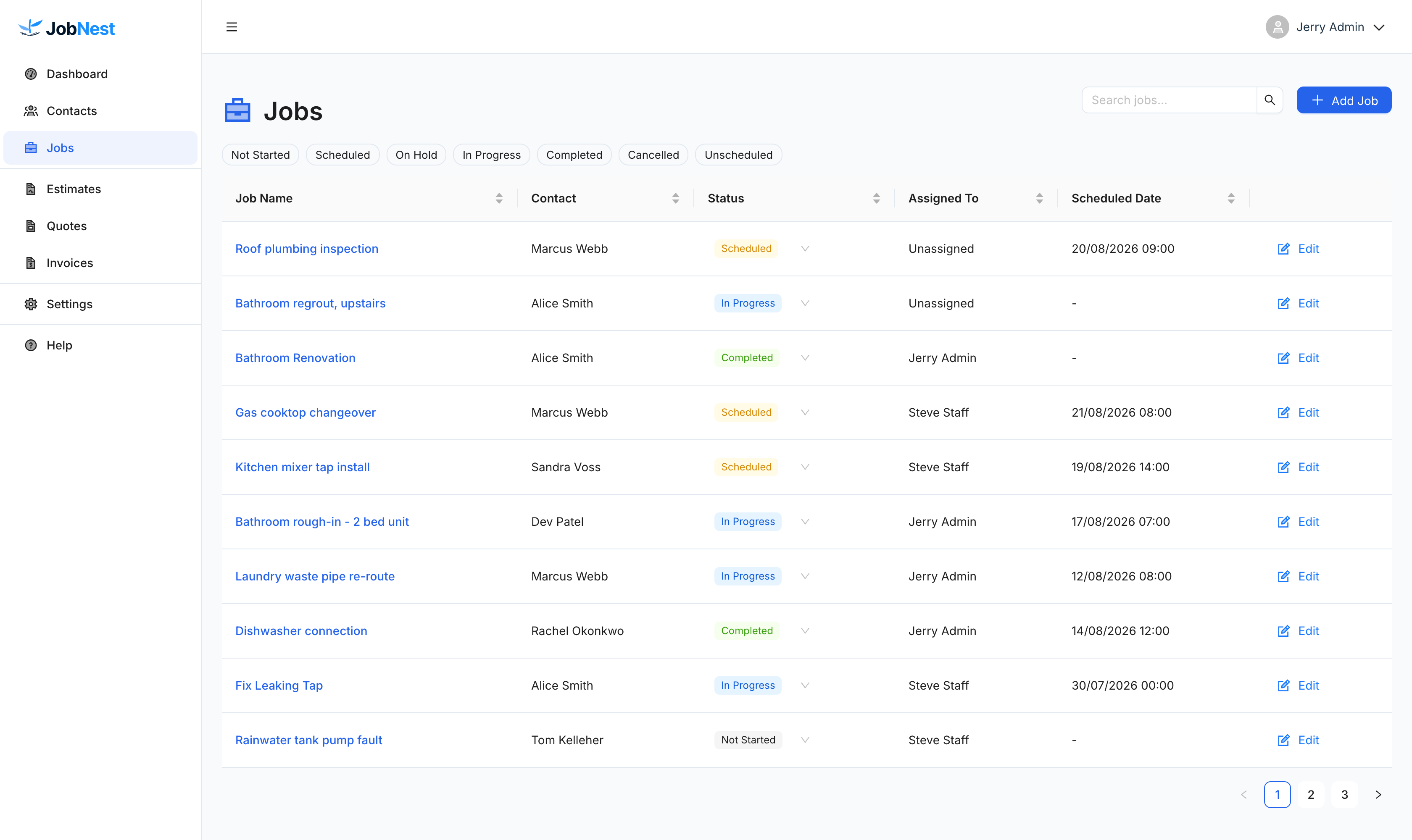 The JobNest jobs list: a table of jobs with the contact, status, who it is assigned to and the scheduled date, with a filter for each job status and one for unscheduled jobs.